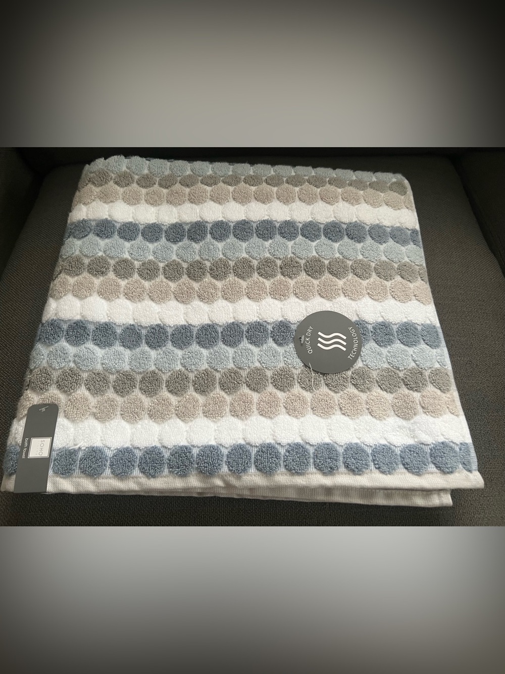 Soho Living Bath Towels in Blue, Gray, White Striped Zero Twist Cotton 2 Pc NEW